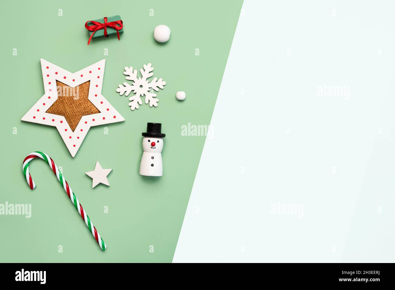 Merry Christmas. Christmas decoration with copy space over green and white. Christmas concept background Stock Photo
