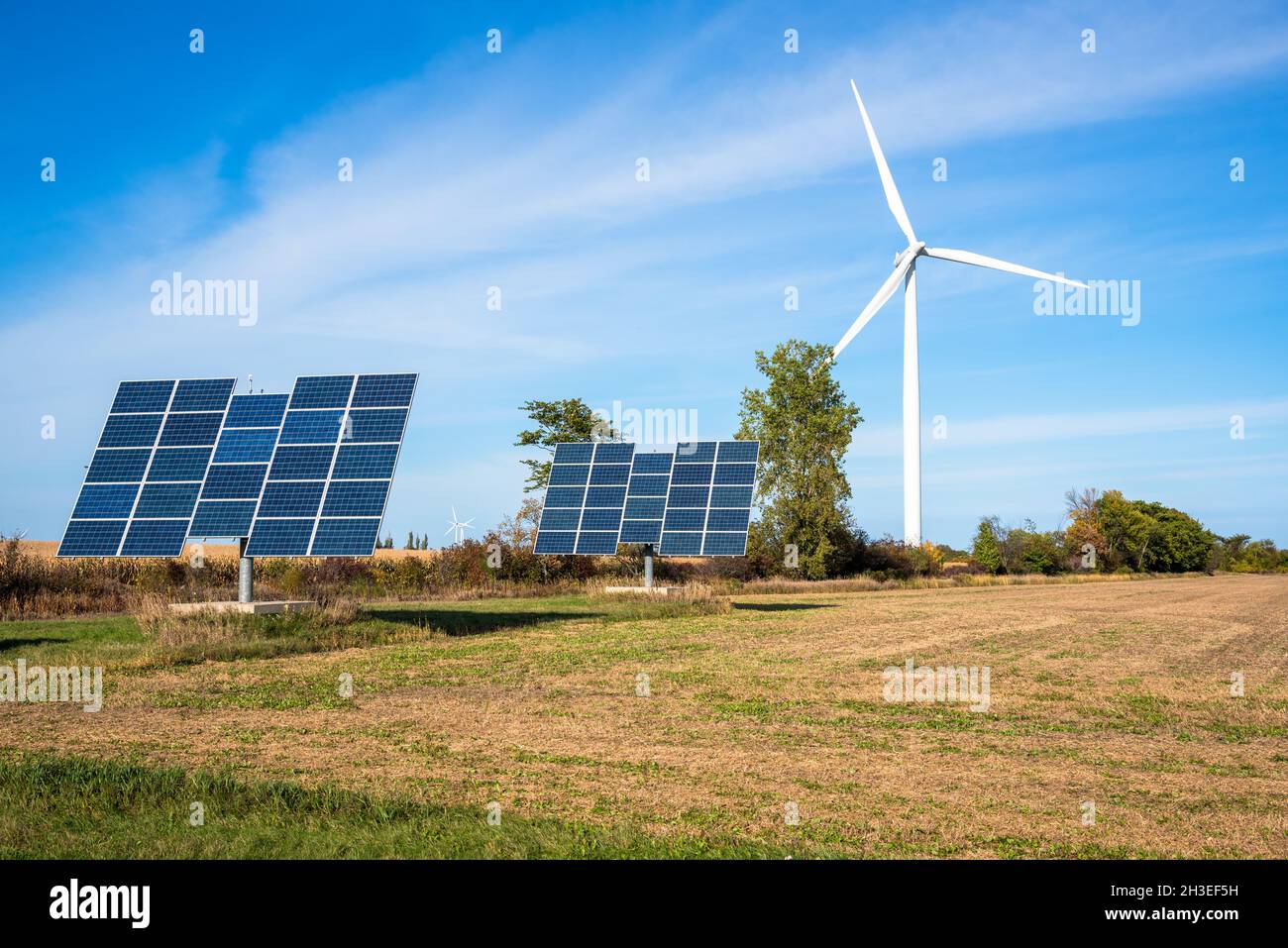 Solar panels and a wind turbine in a field under blue sky. Copy space. Renewable energy concept. Stock Photo