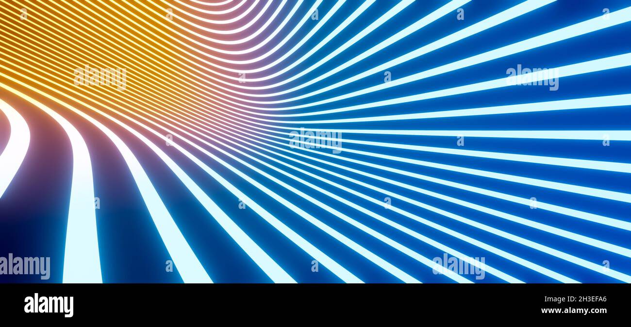 Bright yellow and blue glowing neon coloured stripes or tapering lines