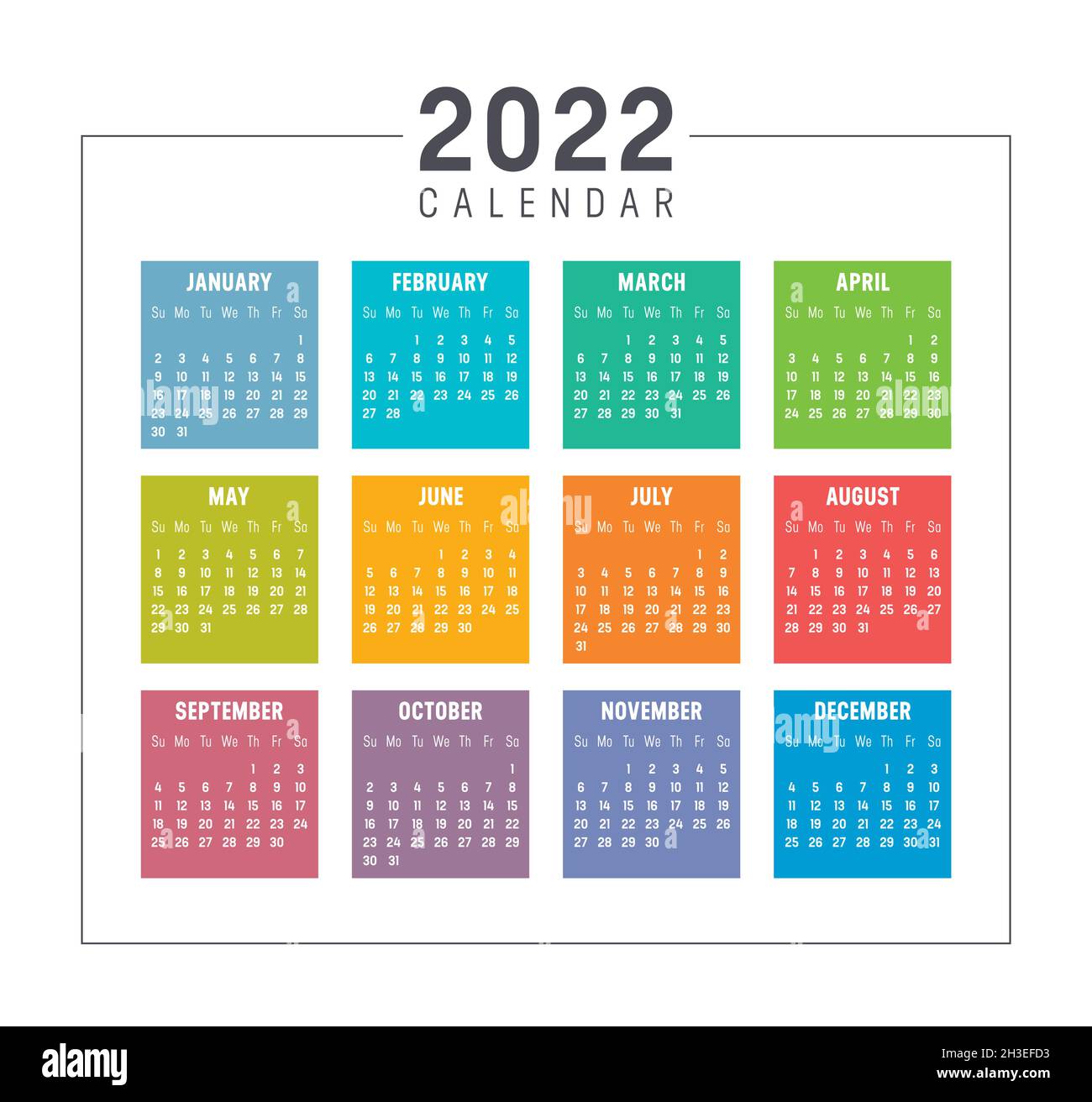 Colorful year 2022 calendar, on white background. Vector template. Stock Vector