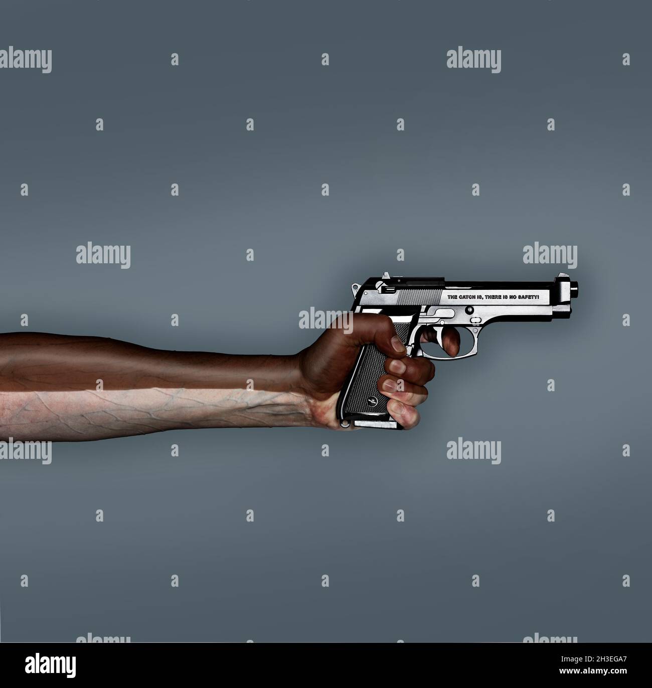Mixed skin colour arm and hand gripping a pistol very hard causing tension in the arm and protruding veins, symbolising racial tension or harmony. Stock Photo