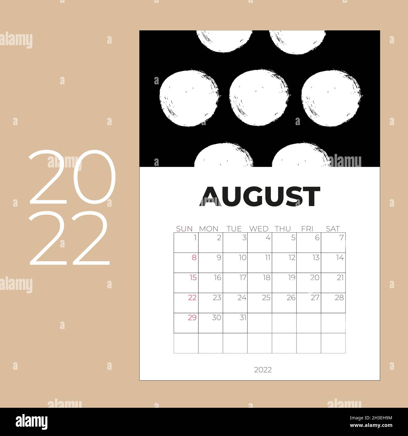 Calendar 2022 design template, August 2022 year layout, horizontal