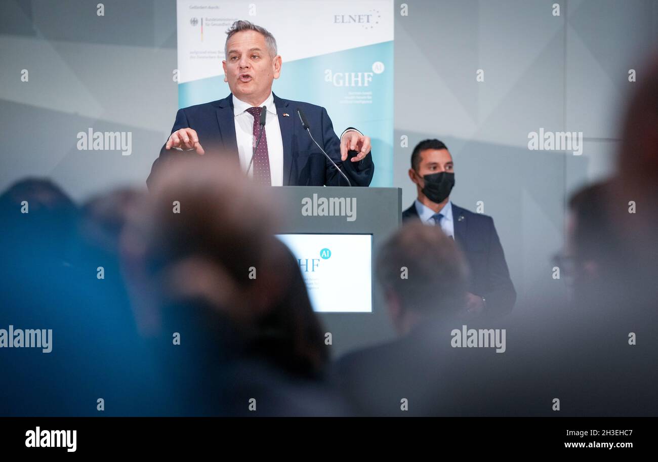 Berlin, Germany. 28th Oct, 2021. Nitzan Horowitz, Israel's Minister of Health, addresses the participants at the German-Israeli Health Forum in the Futurium. Topics include the Corona pandemic and the digitalisation of healthcare systems. Credit: Kay Nietfeld/dpa/Alamy Live News Stock Photo