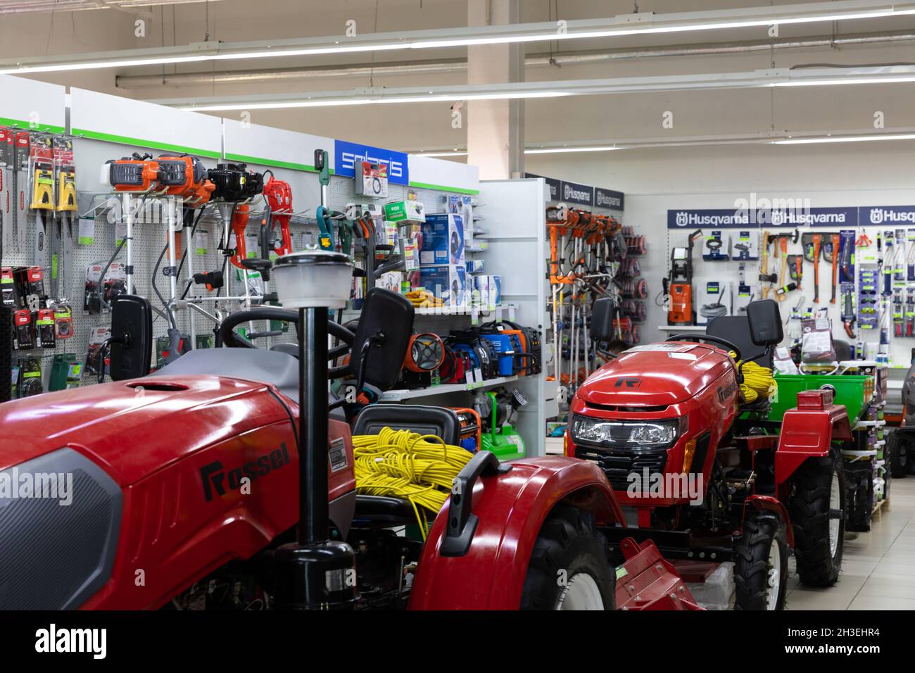 Minsk, Belarus OCTOBER 27, 2021 garden equipment shop, tractor for