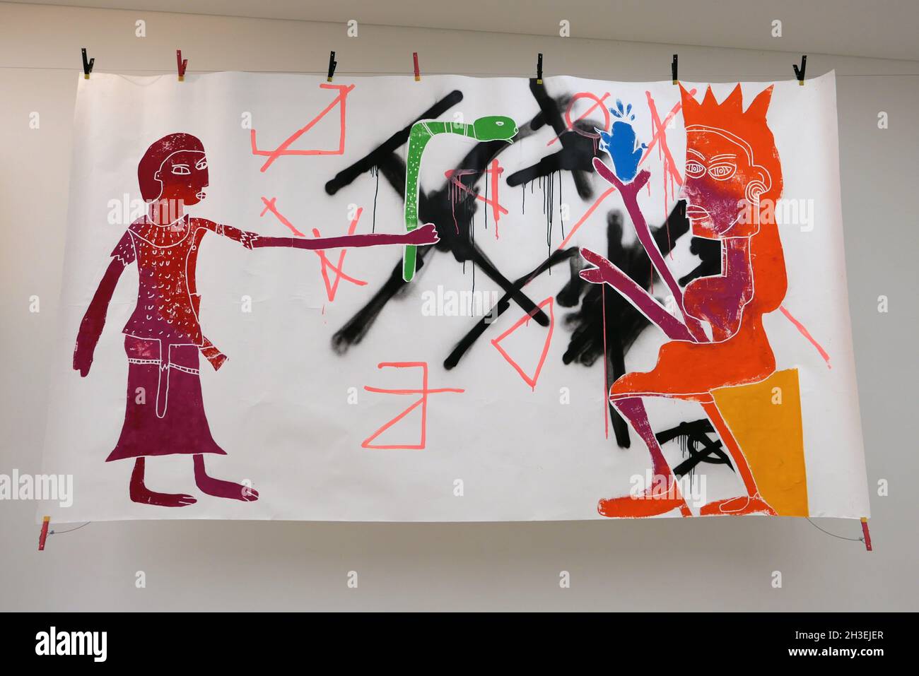 the Thousand year Kingdom features a series of large scale woodblock prints primarily made throughout 2013 , a group of works that have not previously been shown together . These prints combine images relating to African and Mesopotamian objects from museum collections in the UK and Europe with recognisable details and depictions of contemporary life.the works are the antecedent to much of the visual language that Lewisohn's current practice focuses on . Stock Photo