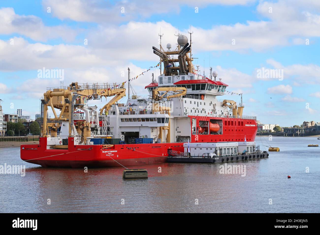 Stern view of the newly completed polar research ship RSS Sir David Attenborough, moored on the River Thames at Greenwich, October 2021 Stock Photo