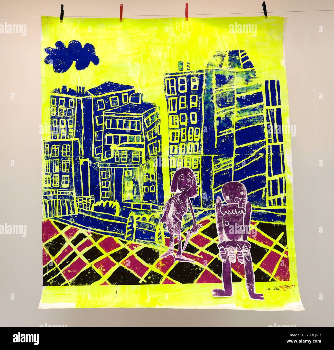 the Thousand year Kingdom features a series of large scale woodblock prints primarily made throughout 2013 , a group of works that have not previously been shown together . These prints combine images relating to African and Mesopotamian objects from museum collections in the UK and Europe with recognisable details and depictions of contemporary life.the works are the antecedent to much of the visual language that Lewisohn's current practice focuses on . Stock Photo