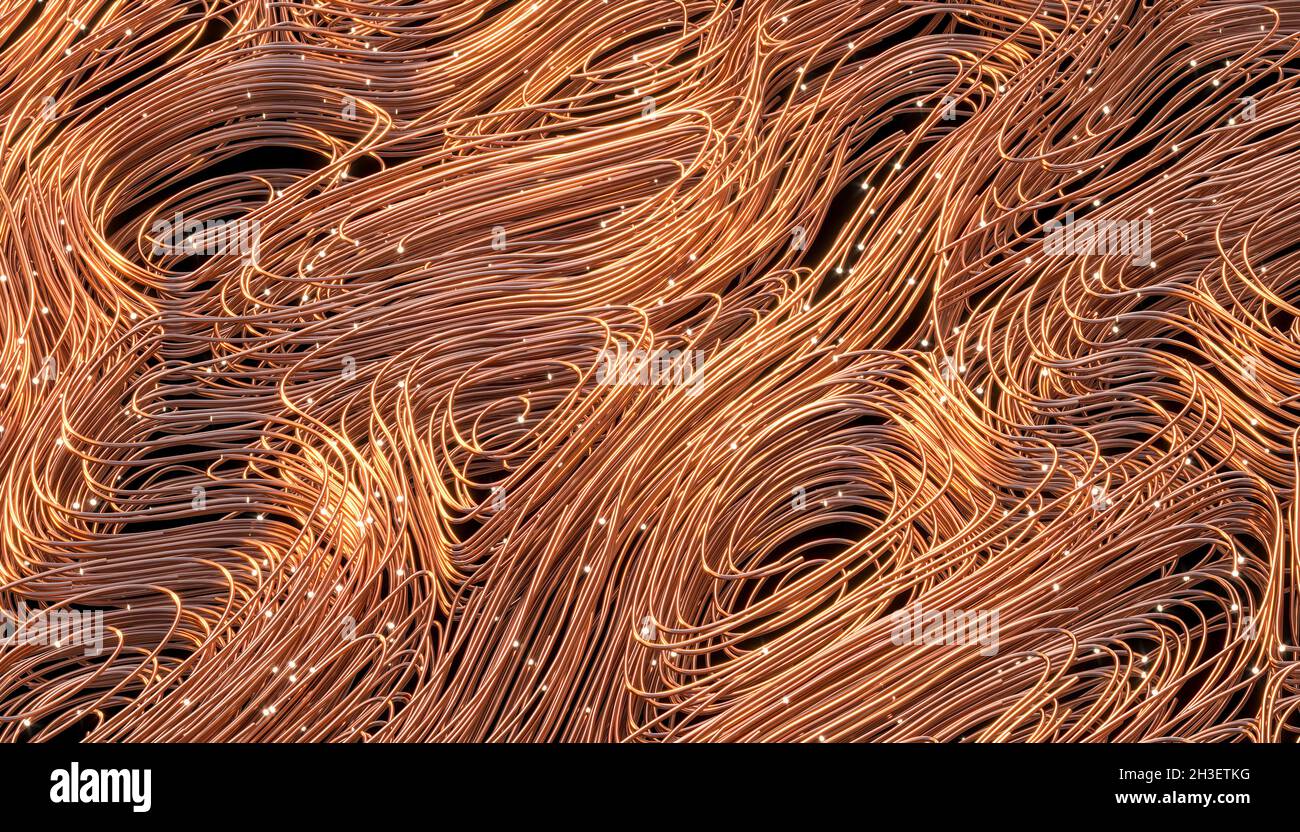 twisted copper-colored fiber optic cables. 3d render Stock Photo