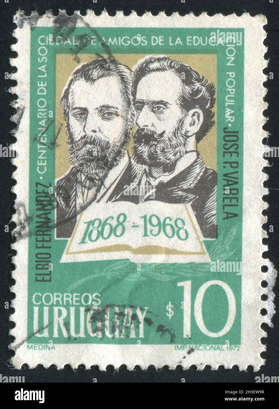 URUGUAY - CIRCA 1973: stamp printed by Uruguay, shows Elbio Fernandez and Jose Varela, circa 1973 Stock Photo