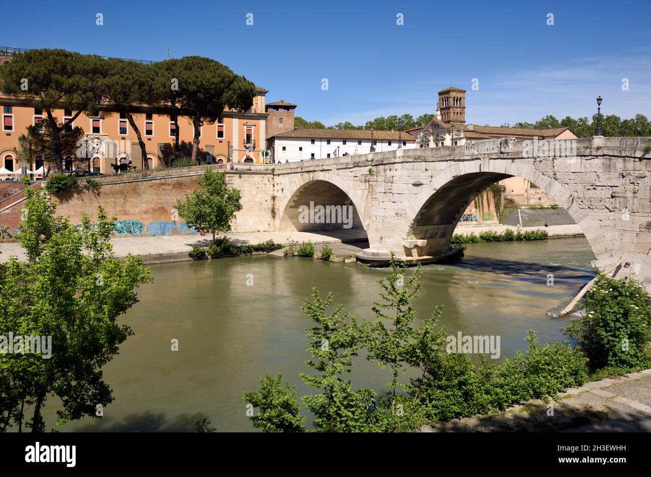 italy, rome, tiber river, isola tiberina, pons cestius, ponte cestio, ancient roman bridge Stock Photo