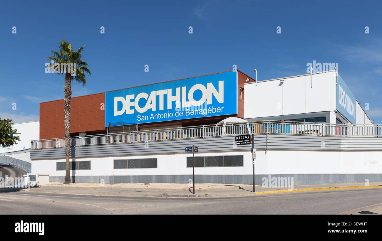 SAN ANTONIO BENAGEBER, SPAIN - OCTOBER 27, 2021: Decathlon is a French sporting goods retailer Stock Photo