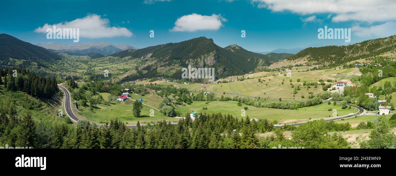 Panorama of Savsat highlands on a beautiful summer day. Yavuzkoy, Savsat, Artvin ,Turkey Stock Photo