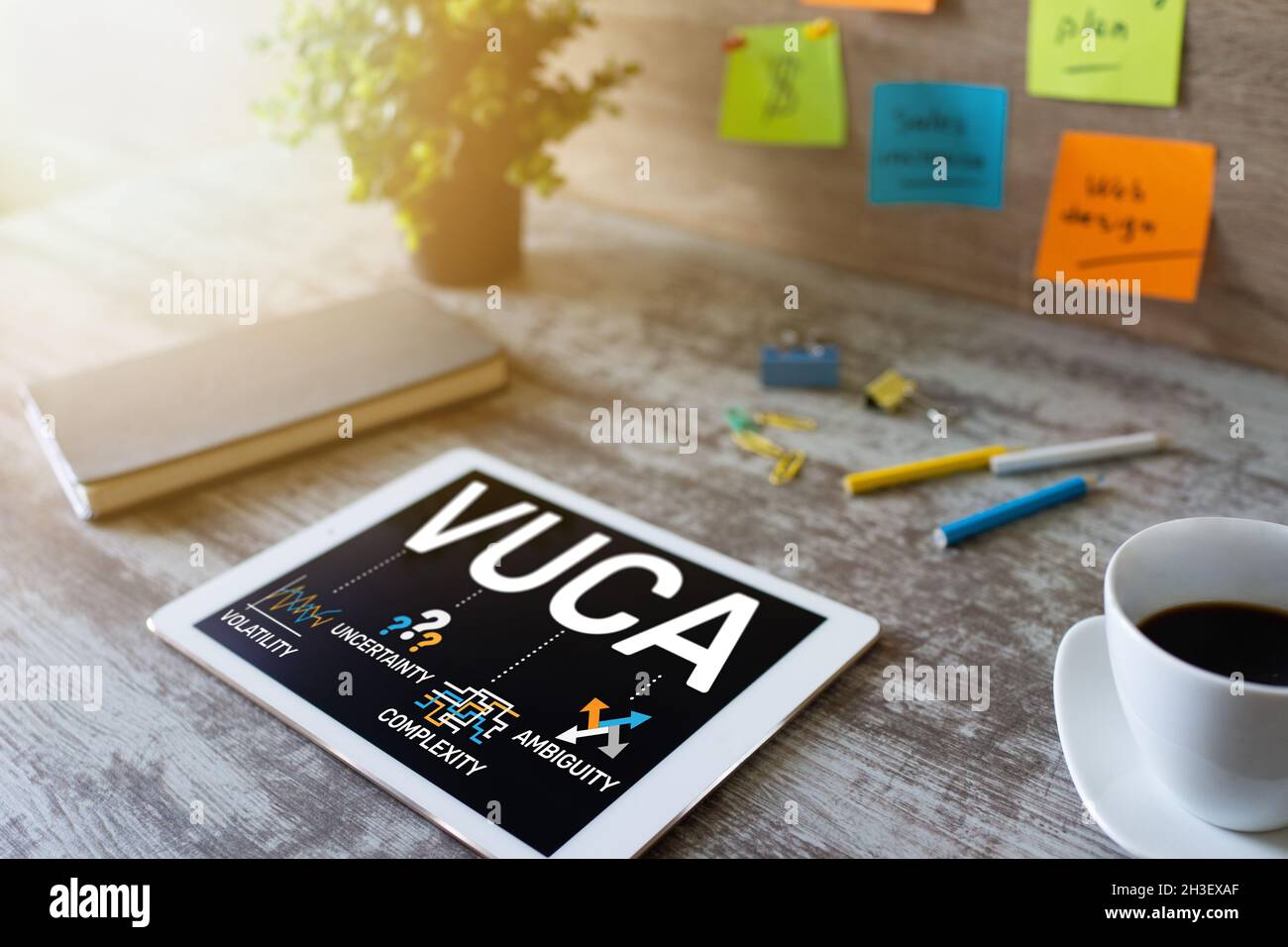 VUCA world concept on screen. Volatility, uncertainty, complexity, ambiguity. Stock Photo