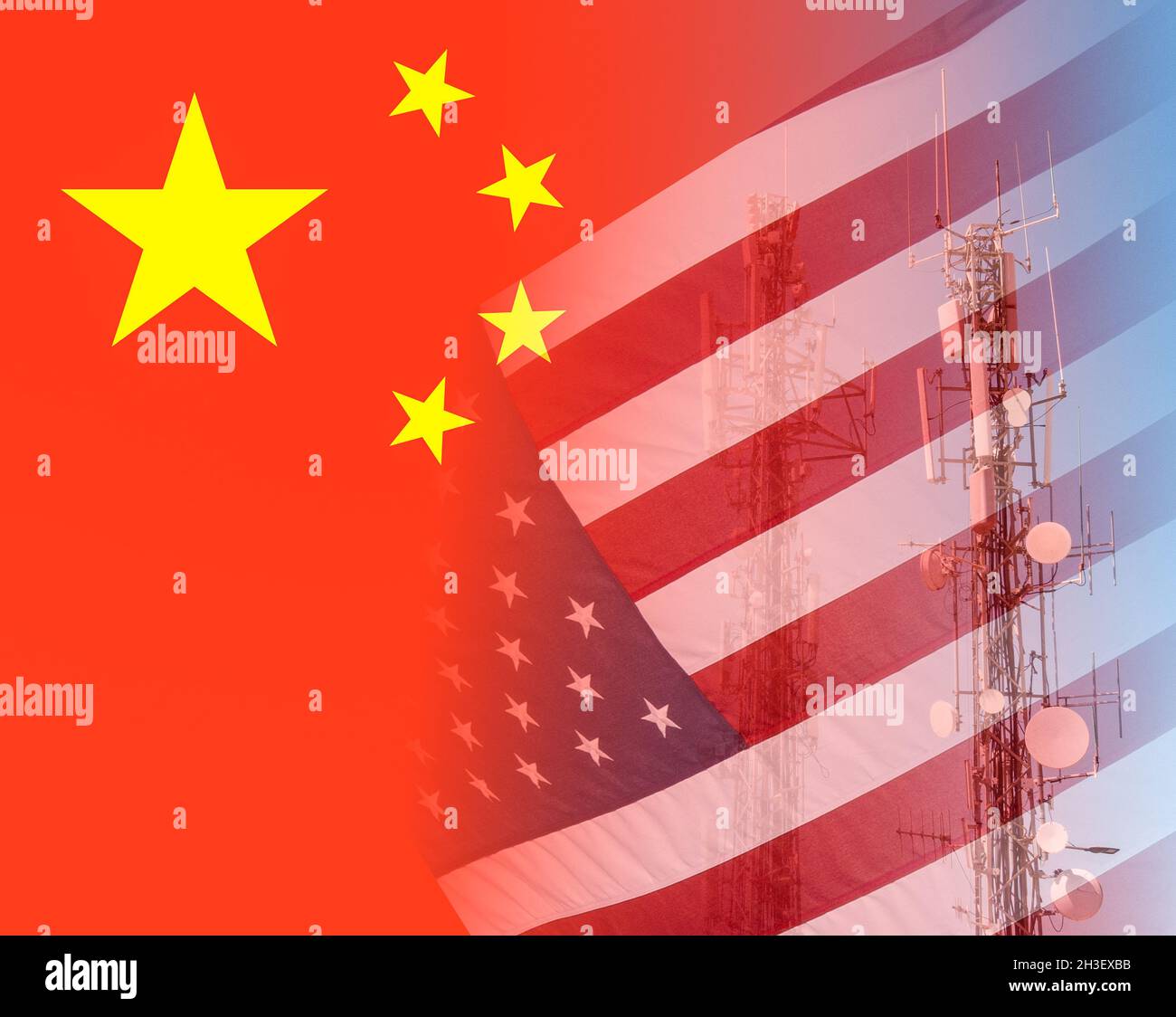 Flags of China and USA blended with image of mobile phone antennas. China Telecom, USA concept. Stock Photo