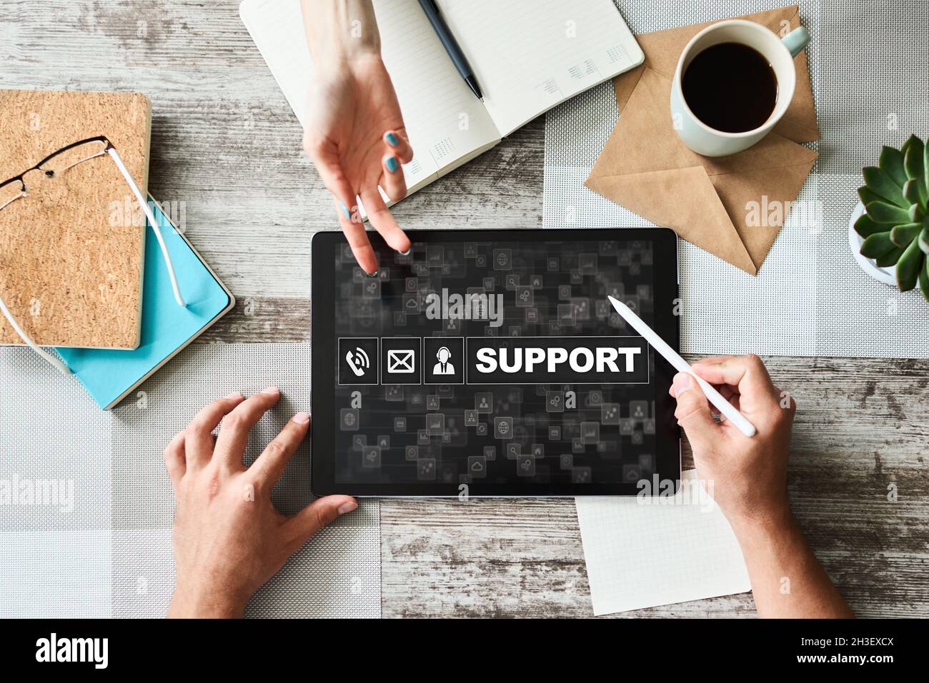 Technical support icons on screen. Call to help center. Internet and ...