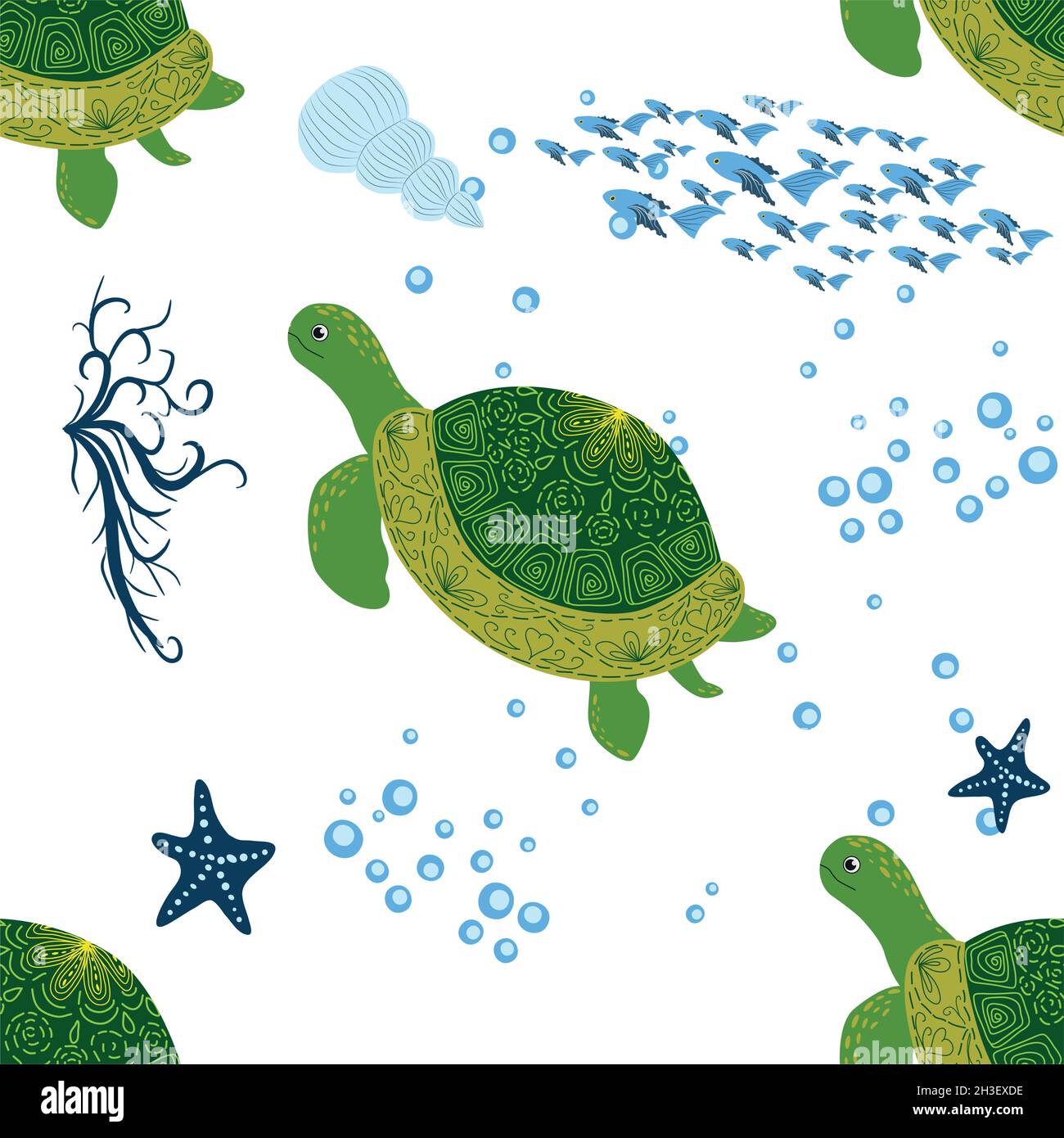 Turtle green seamless pattern, beautiful character among seashells ...