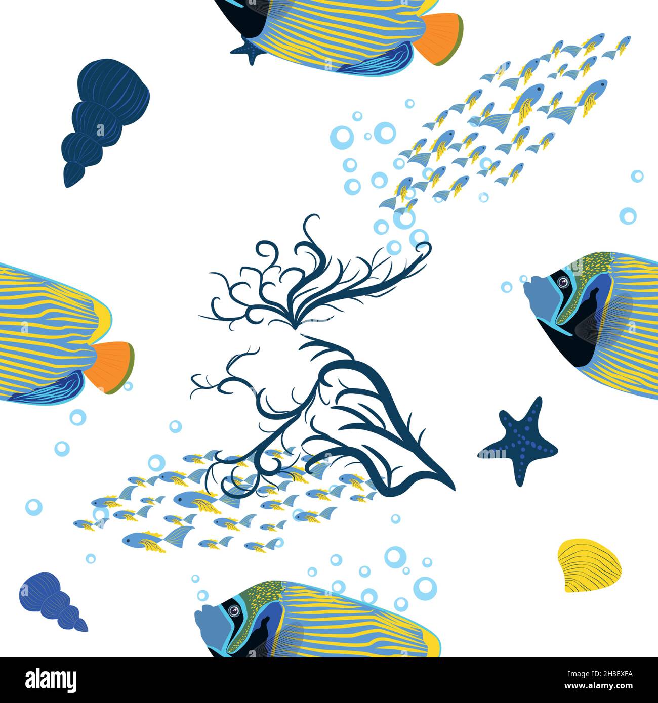 Emperor angelfish, Pomacanthus imperator seamless patterns, sea animal wildlife character. Nature underwater, marine wild ocean zoo fish Stock Vector