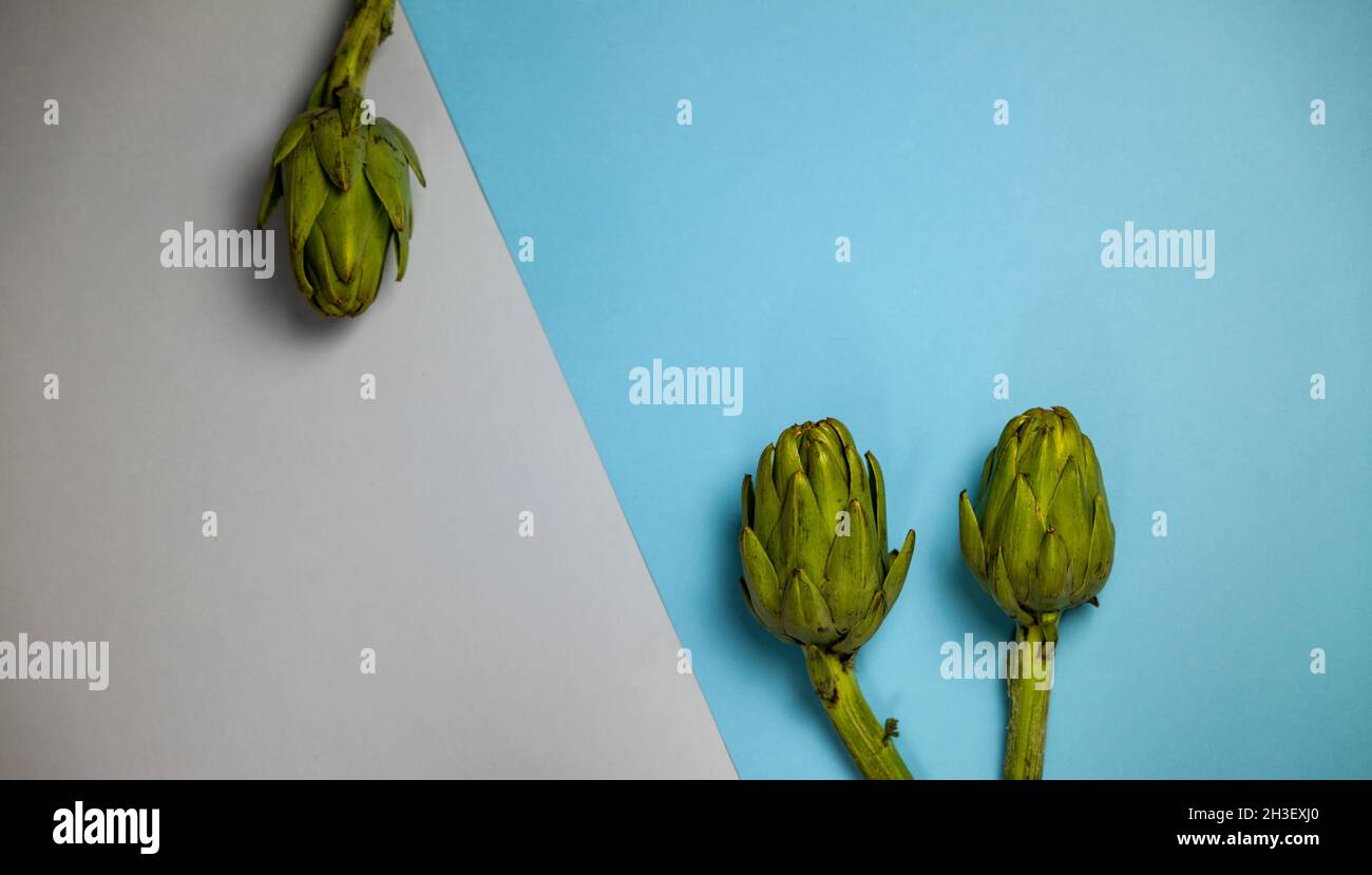 Three artichokes on grey and blue background Stock Photo