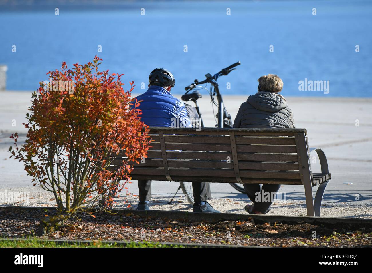 Senioren auf einer Parkbank von hinten am Ufer des Mondsees, Mondsee, Oberösterreich, Österreich, Europa - Seniors on a park bench from behind on the Stock Photo