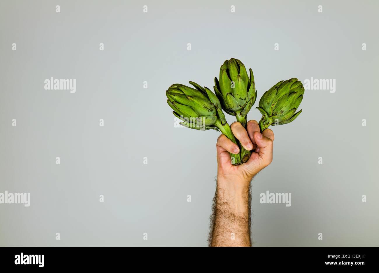 Hand holding three artichokes on white background Stock Photo