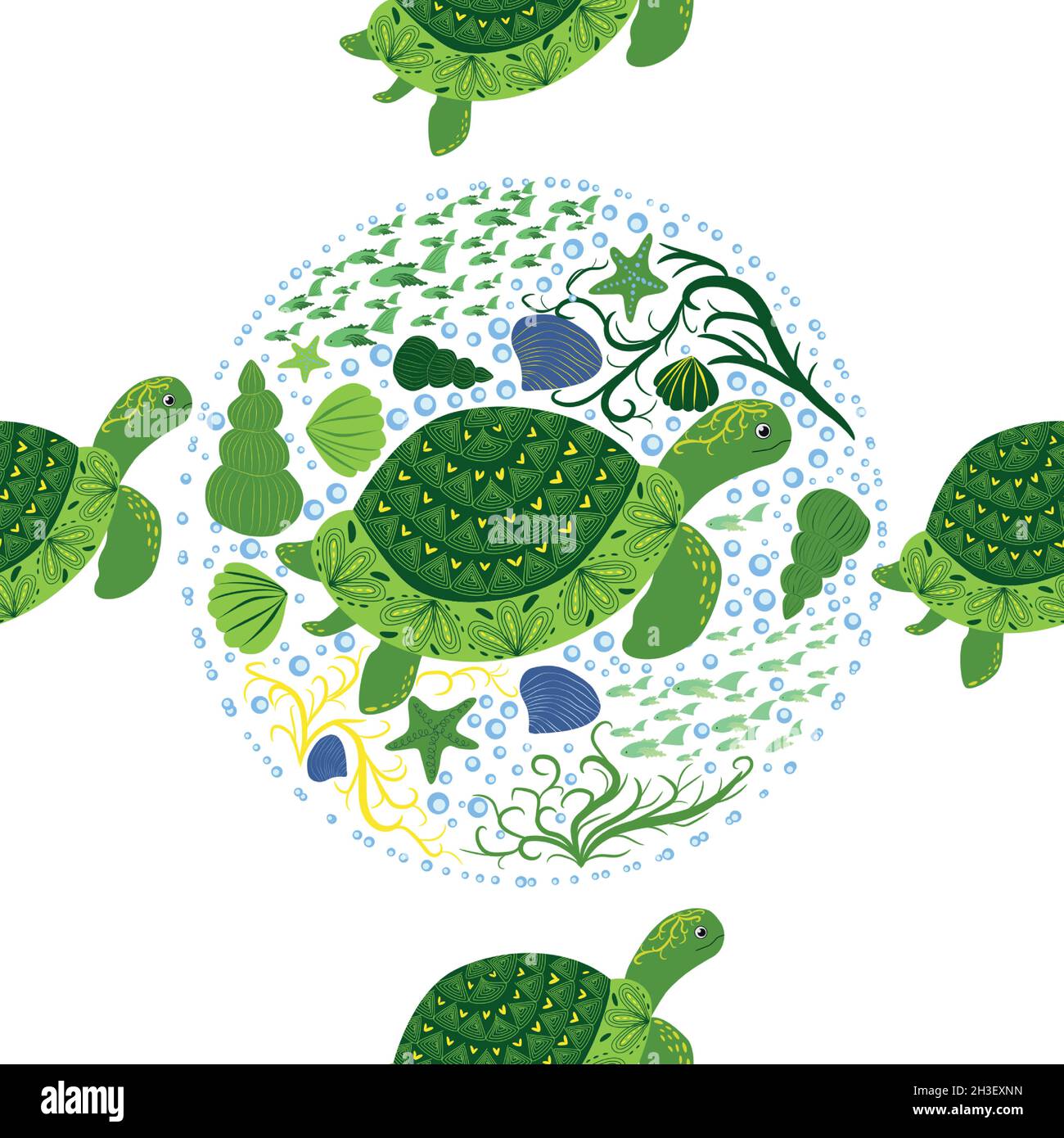 Turtle green seamless pattern, beautiful character among seashells ...