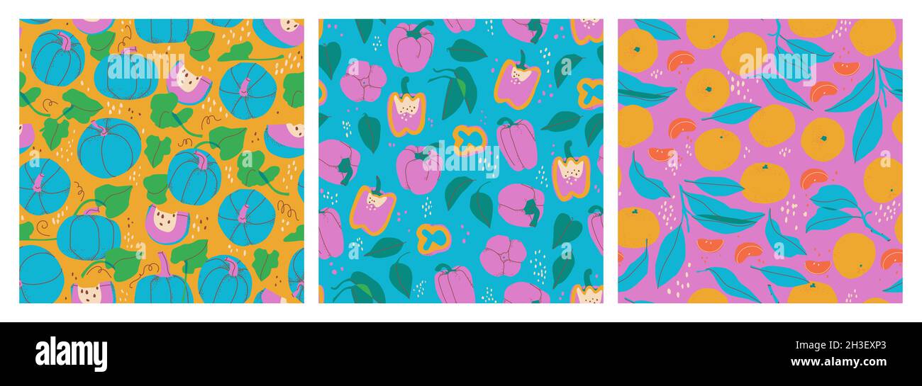 Set of decorative seamless patterns of fruits and vegetables, bell pepper, tangerine, pumpkin. Hand drawing pieces, twigs and leaves. Ideal for prints Stock Vector