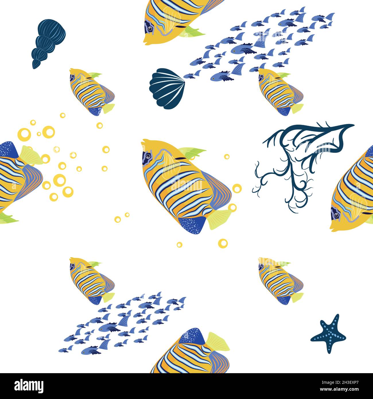 Emperor angelfish, Pomacanthus imperator seamless patterns, sea animal wildlife character. Nature underwater, marine wild ocean zoo fish Stock Vector