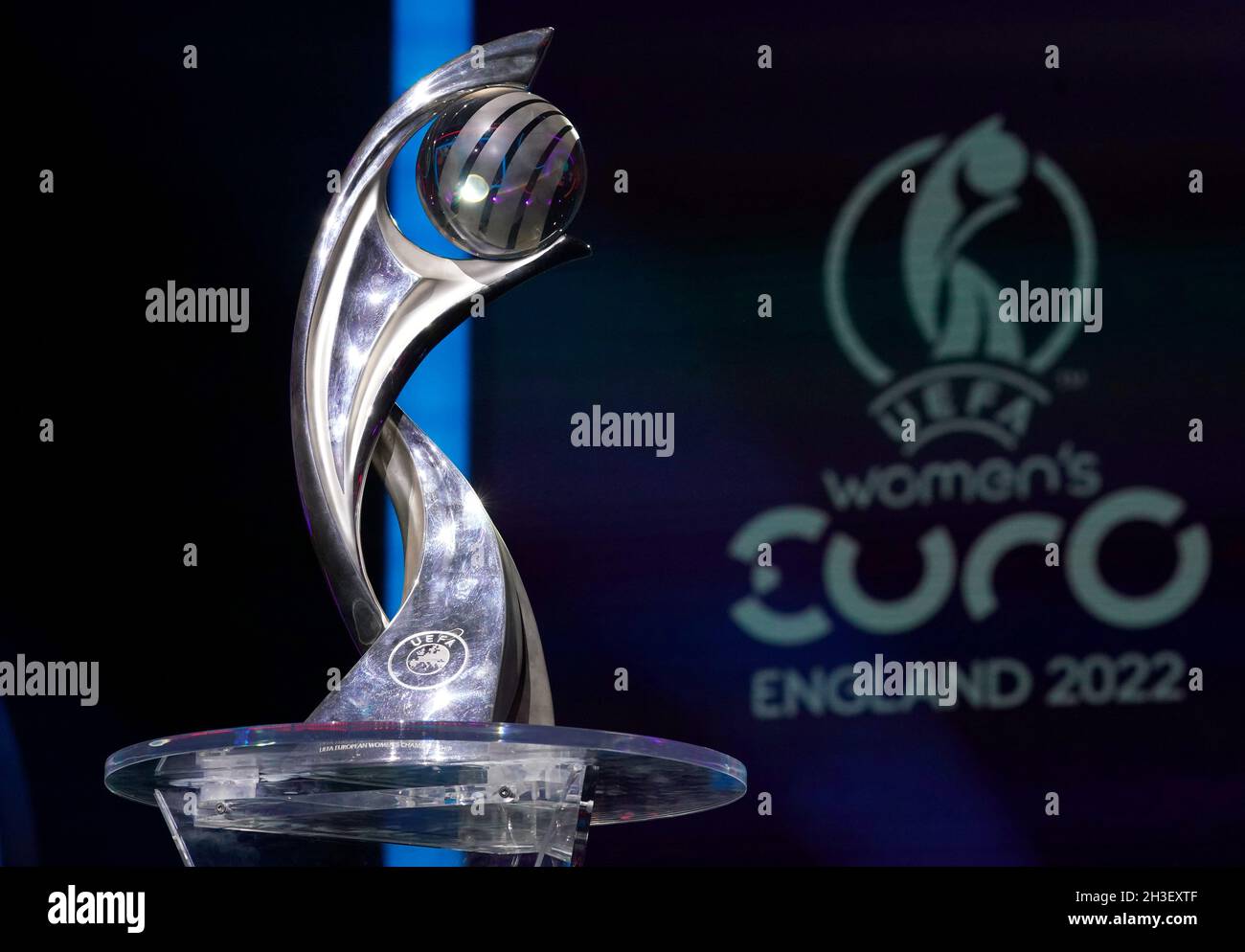 A view of the trophy on display before the UEFA Women's Euro 2022 draw ...