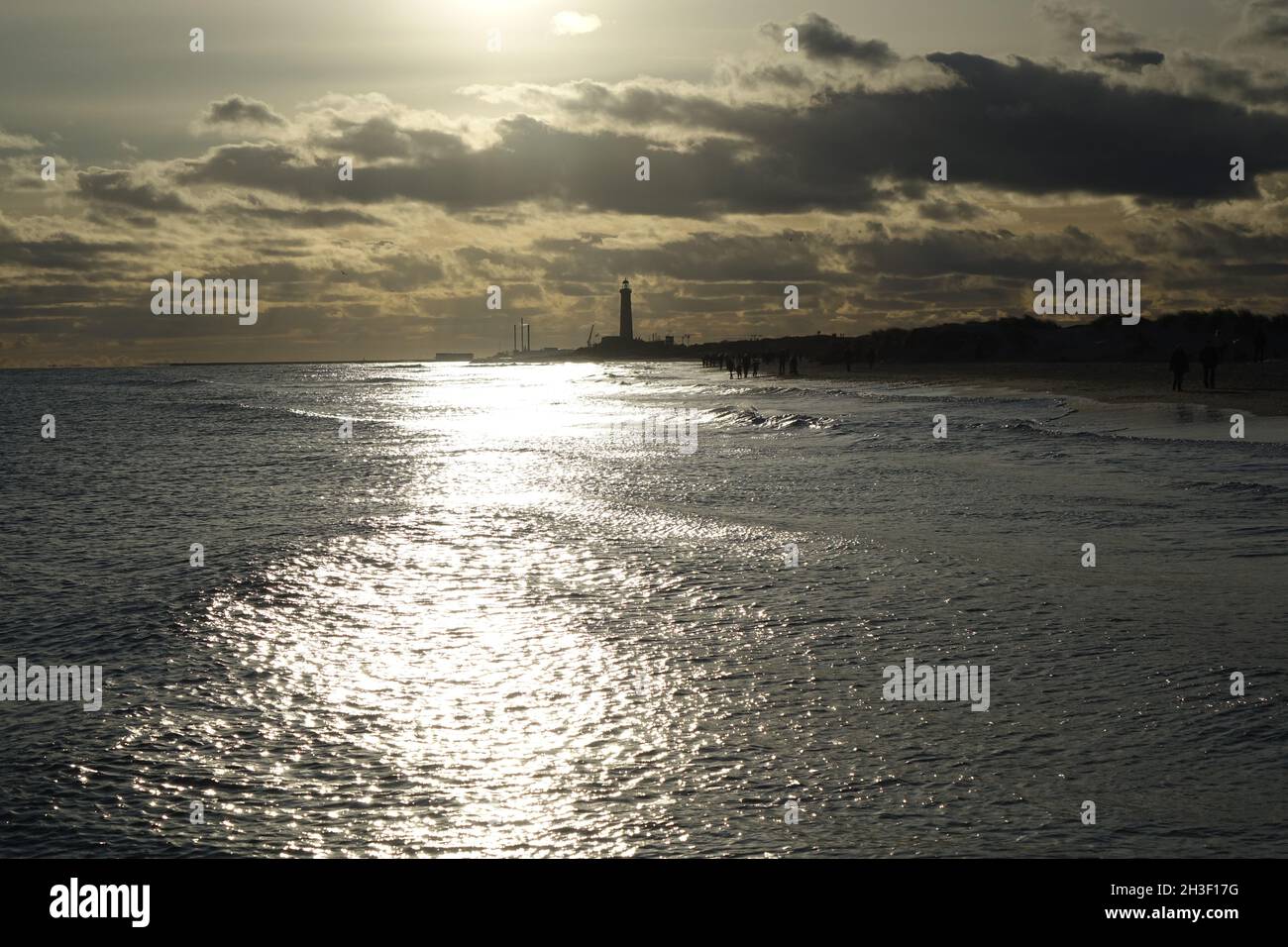 Scenic view on Skagens Fyr Lighthouse under a steely sky at dusk, Cape ...