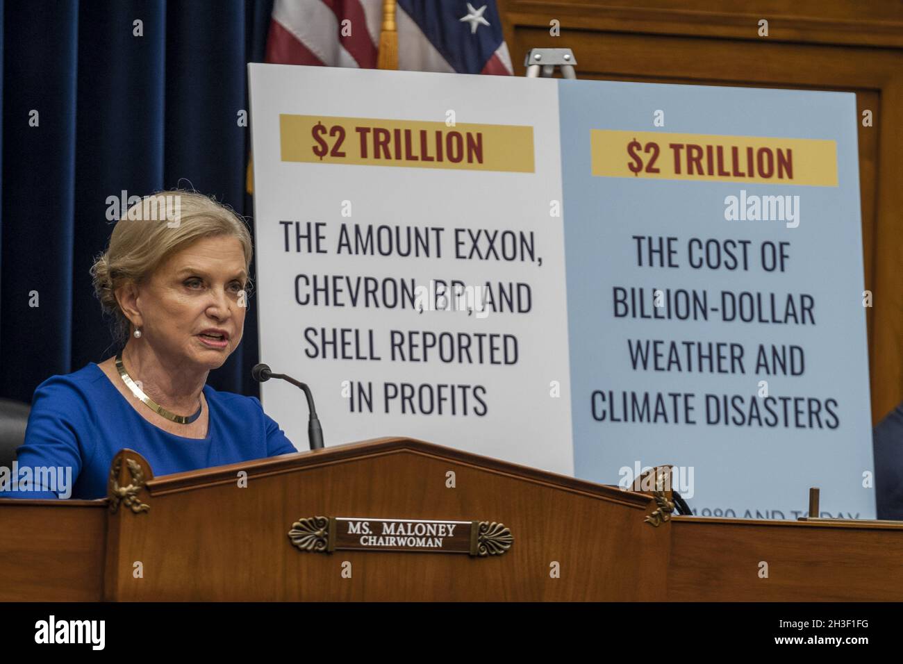 Washington, United States. 28th Oct, 2021. Chairwoman Carolyn B. Maloney, D-NY, House Committee on Oversight and Reform opens with remarks before a hearing on 'Fueling the Climate Crisis: Exposing Big Oils Disinformation Campaign to Prevent Climate Action' at the Rayburn House Office Building at the U.S. Capitol Washington, DC on Thursday, October 28, 2021. Photo by Ken Cedeno/UPI . Credit: UPI/Alamy Live News Stock Photo