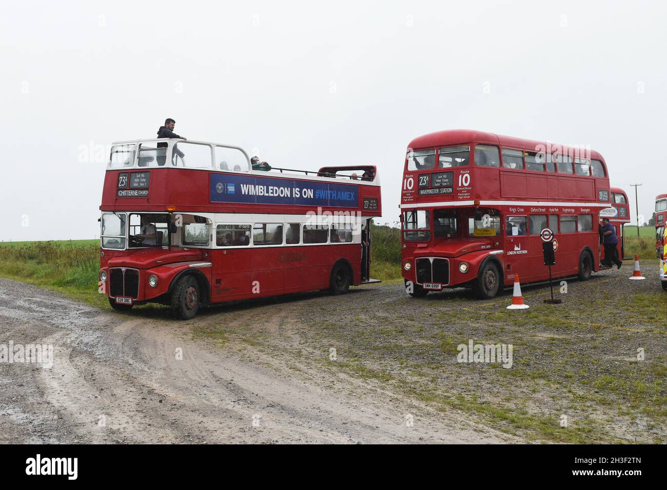 Imberbus 2021. An annual event where predominately classic London Transport buses provide transport to the village of Imber which is on MOD land Stock Photo