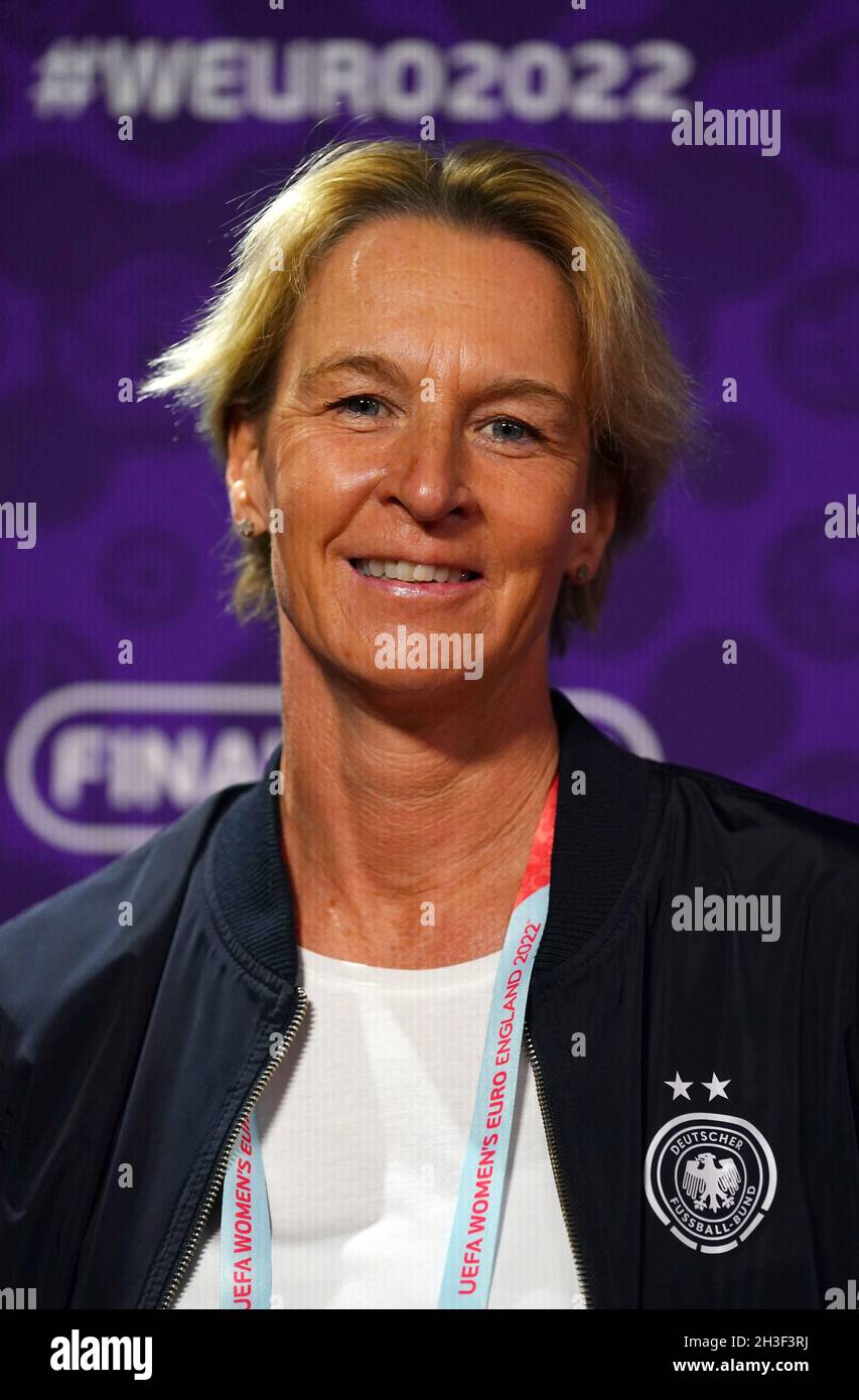 Germany's head coach Martina Voss-Tecklenburg during the UEFA Women's Euro  2022 draw at O2 Victoria Warehouse, Manchester. Picture date: Thursday  October 28, 2021 Stock Photo - Alamy