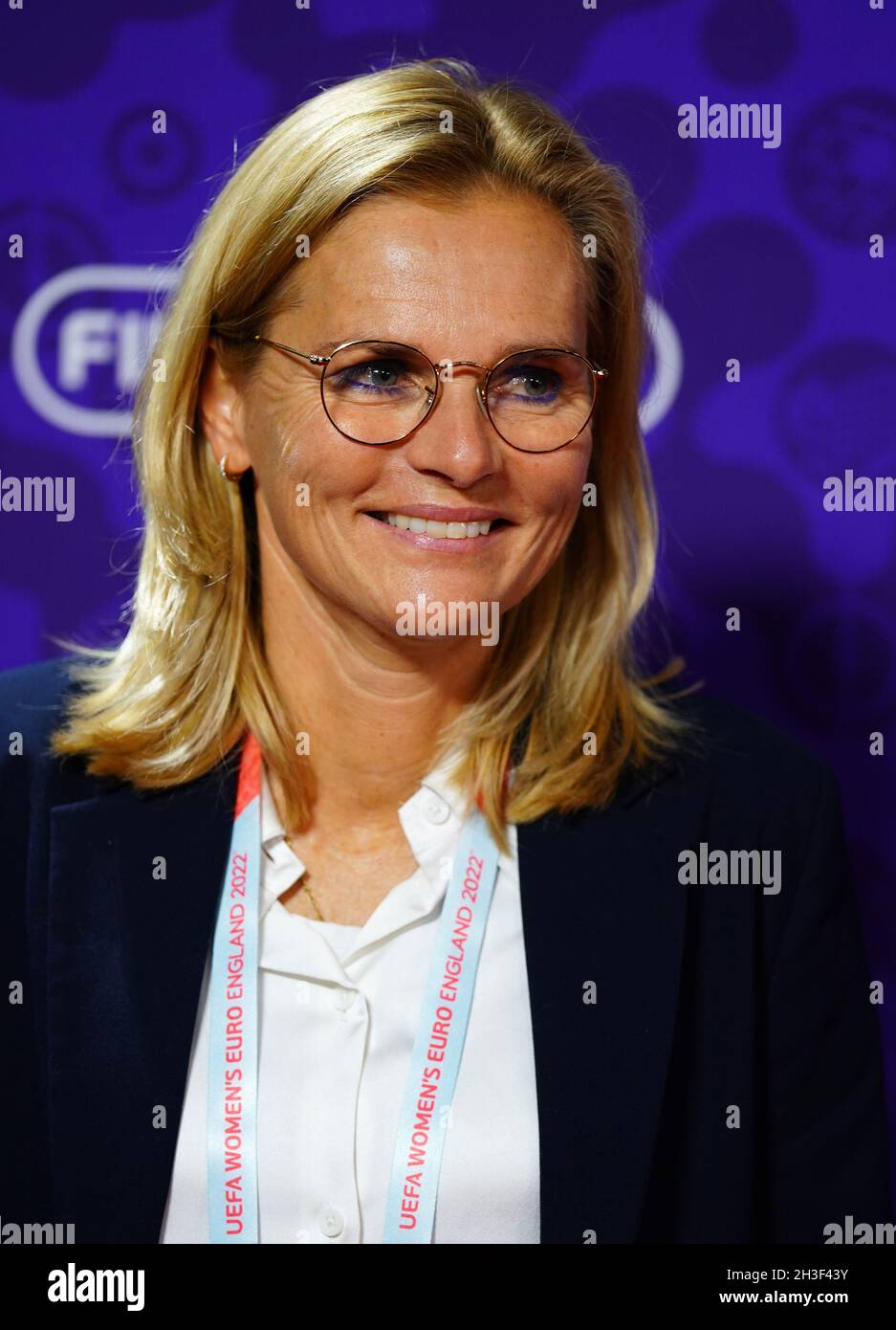 England head coach Sarina Wiegman during the UEFA Women's Euro 2022 draw at O2 Victoria Warehouse, Manchester. Picture date: Thursday October 28, 2021. Stock Photo