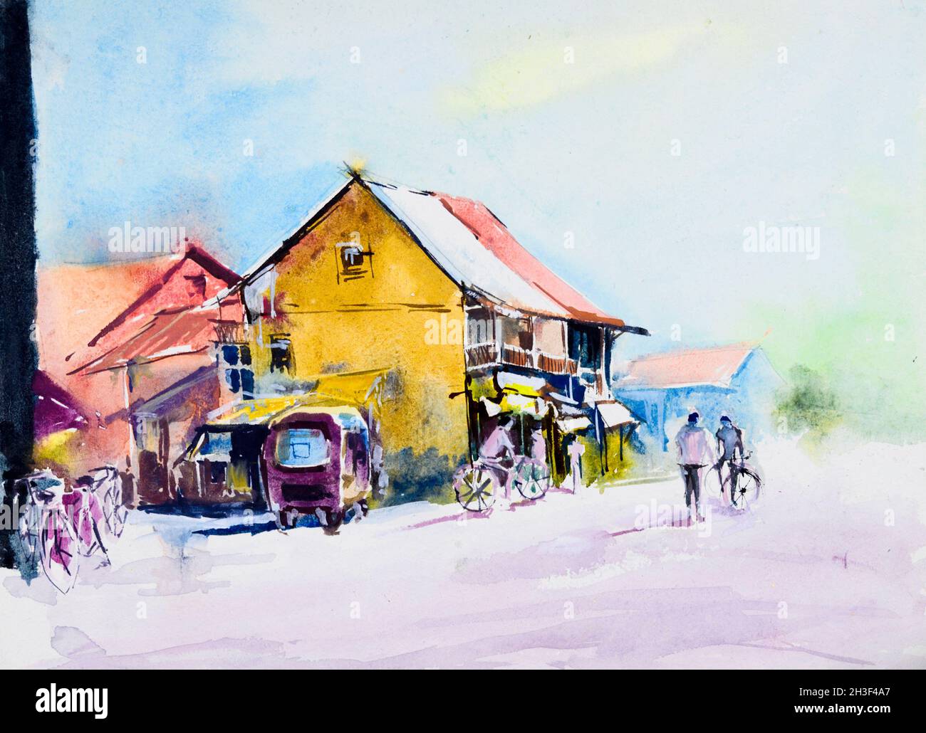 Watercolor painting of busy countryside lane, in a sunny morning with copyspace. Hand painted illustration. Includes an autorickshaw, few people on th Stock Photo