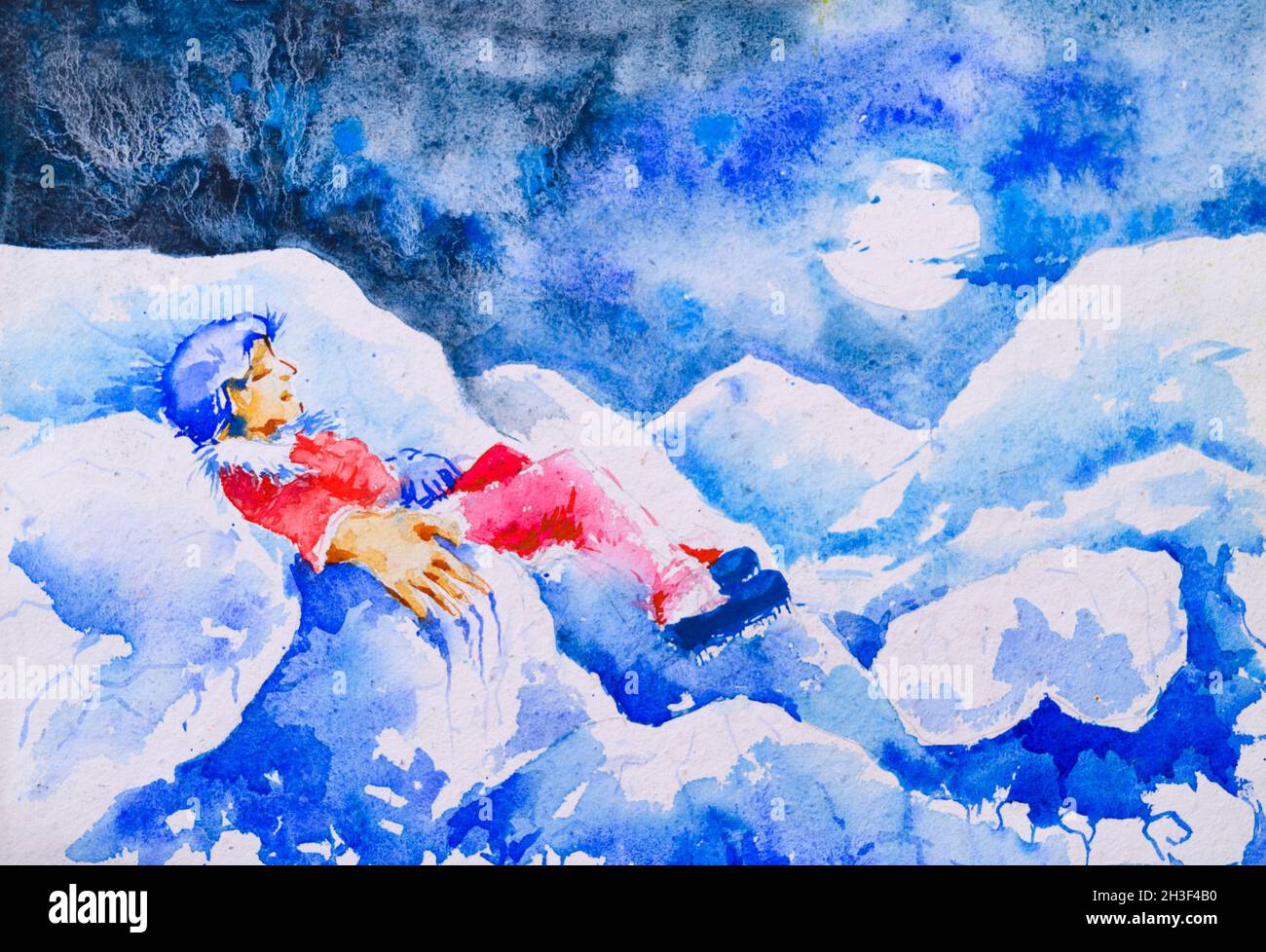 Death conceptual watercolor painting, mountaineer waiting for ...