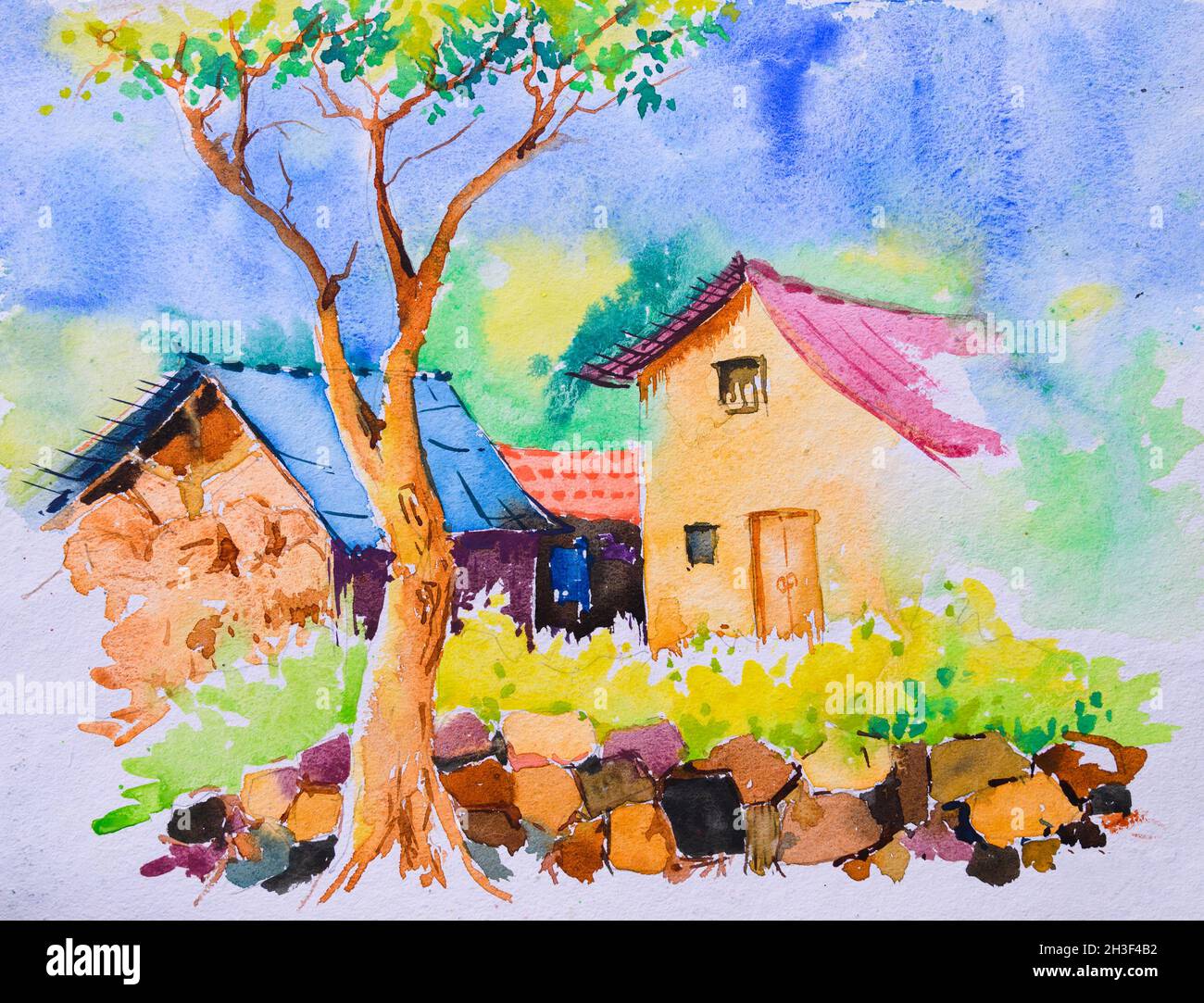 Bright Indian village watercolor painting , hand painted ...
