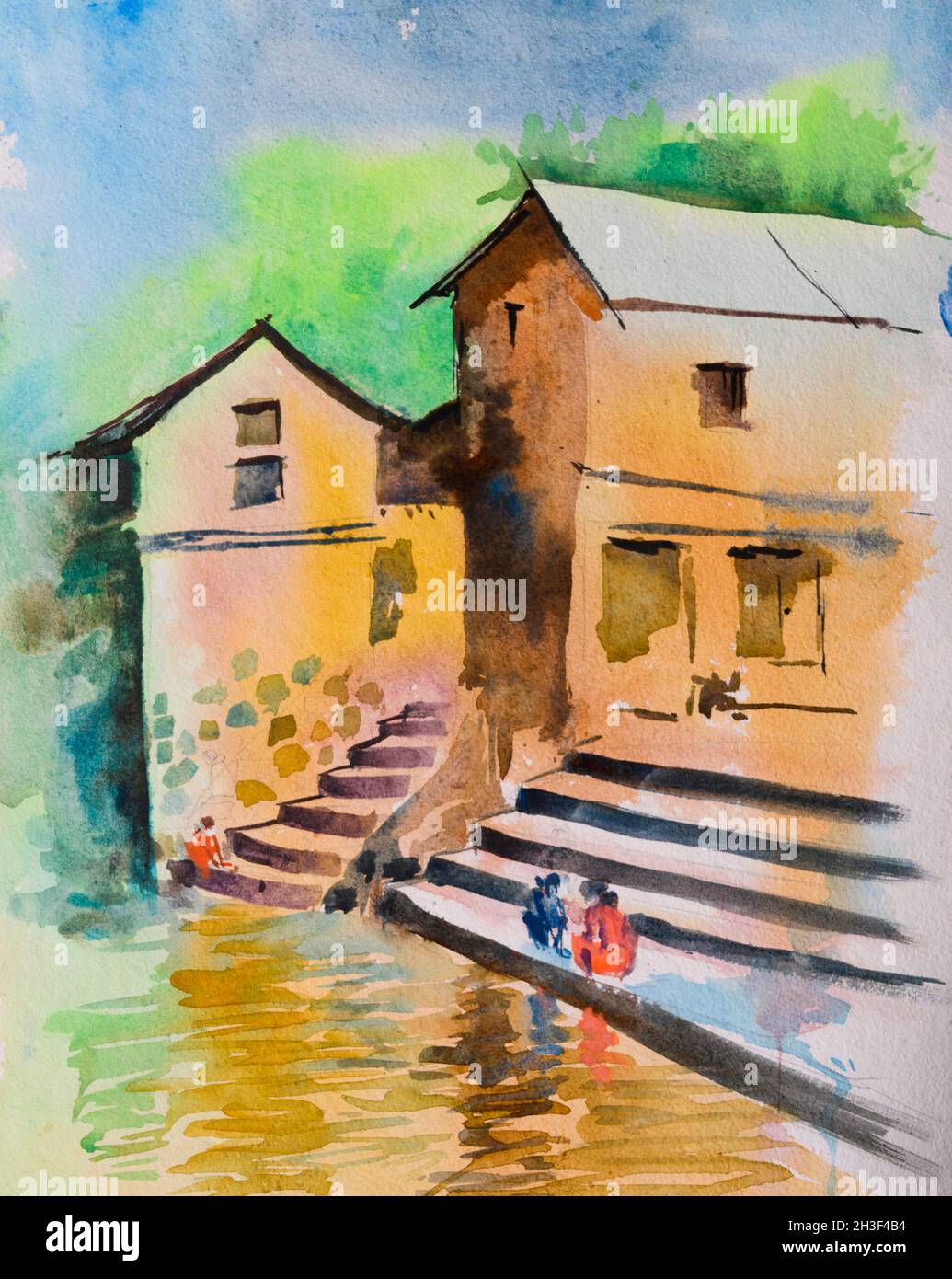 Bright Indian village watercolor painting , hand painted ...