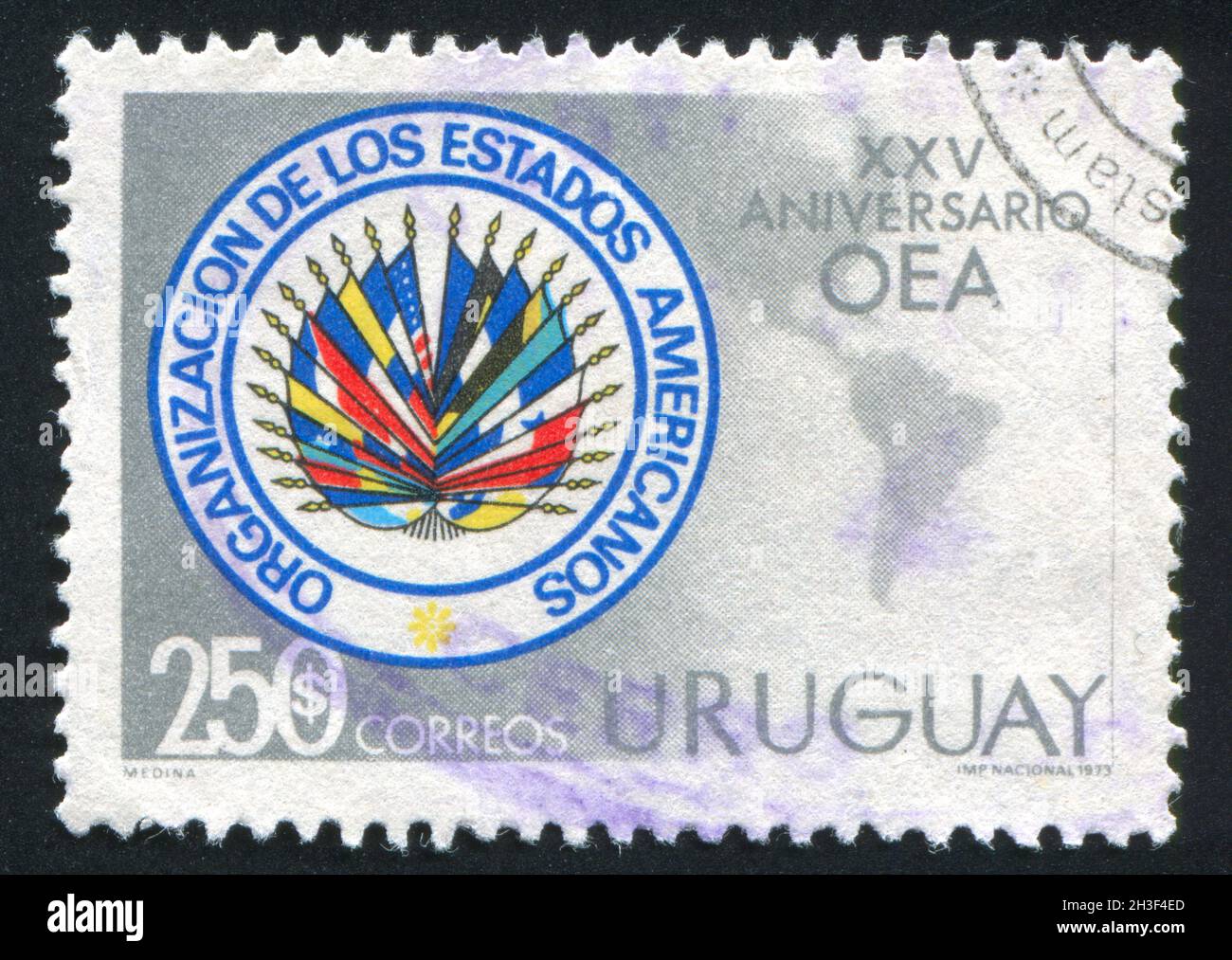 URUGUAY - CIRCA 1974: stamp printed by Uruguay, shows OAS Emblem and ...