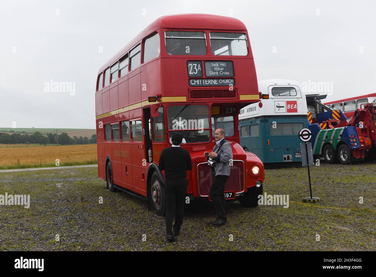 Imberbus 2021. An annual event where predominately classic London Transport buses provide transport to the village of Imber which is on MOD land Stock Photo
