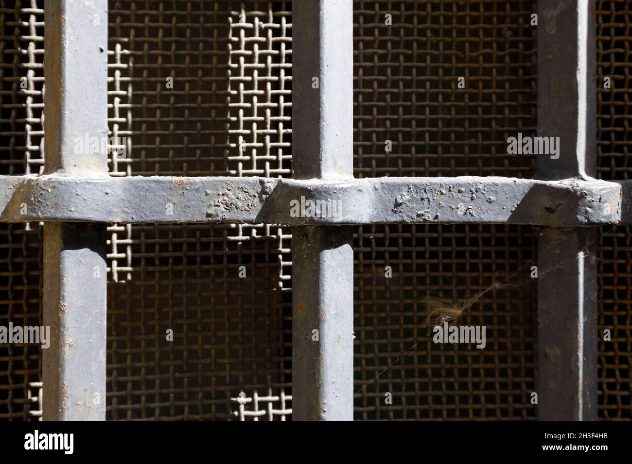 A solid steel grille protects the window, on which a steel mesh has also been installed. Stock Photo