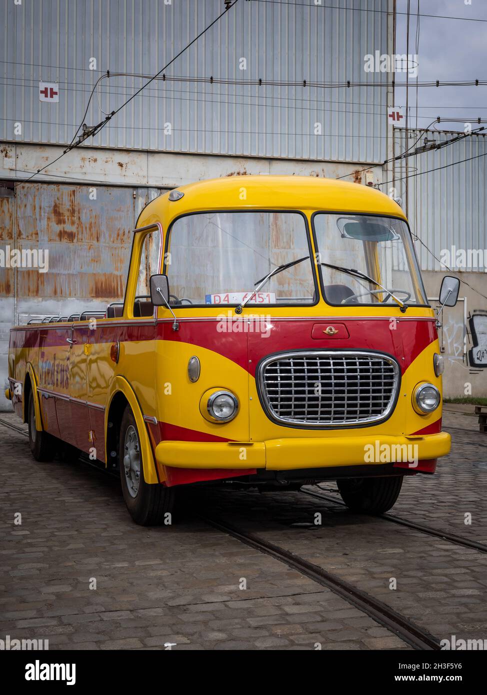 Wroclaw, Poland - September 19, 2021: An empty, retro cabrio Skoda bus in front of the depot. Stock Photo