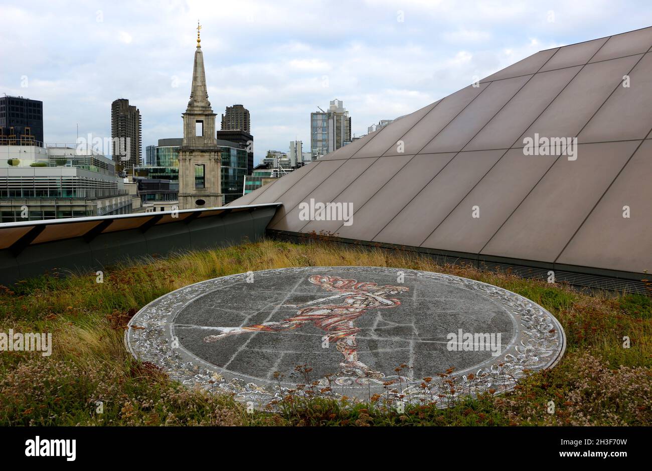 Ariel mosaic by Boris Anrep seen from the rooftop of One New Change shopping centre in the City of London England on a cloudy October afternoon Stock Photo