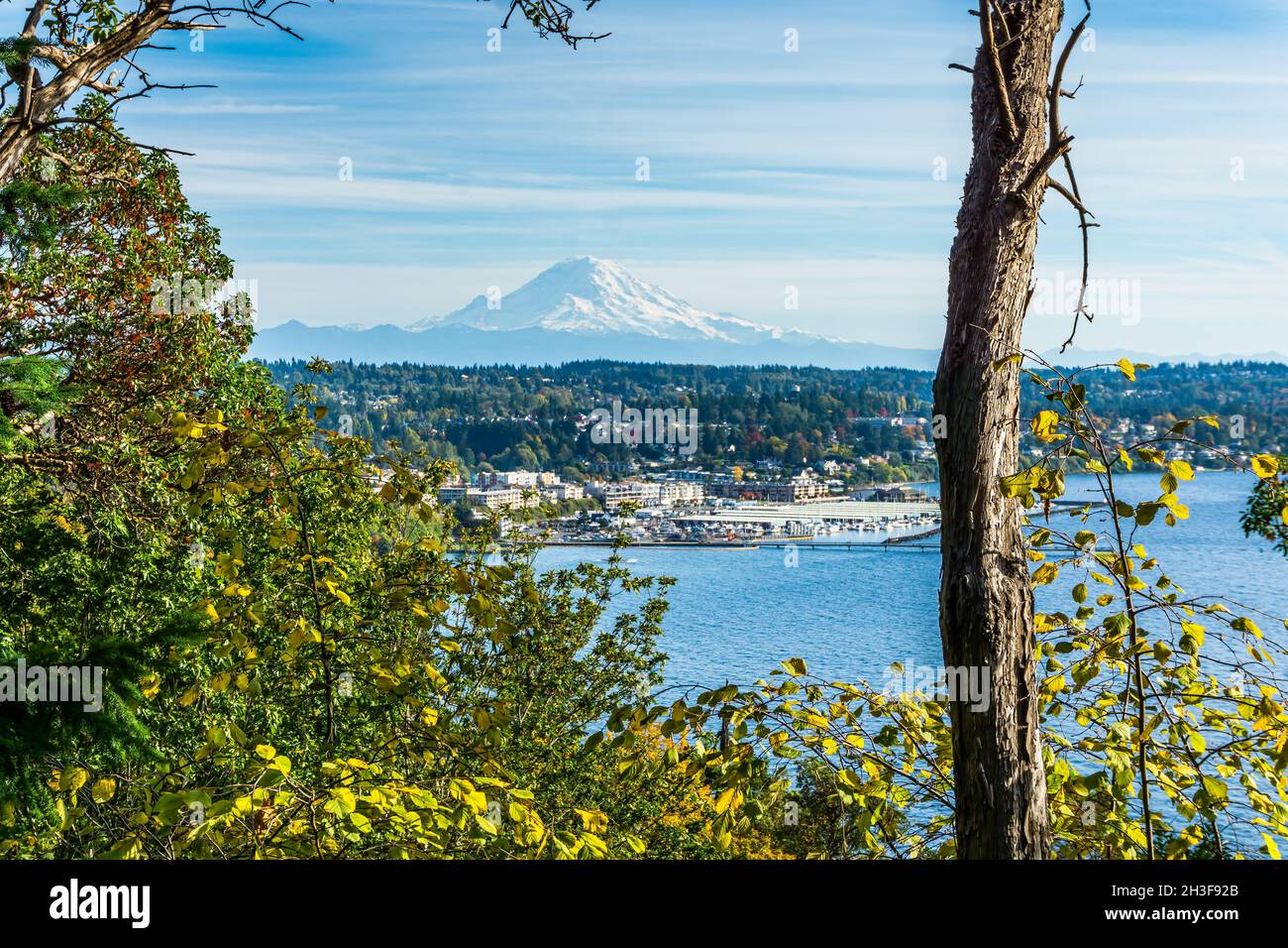 A view of Mount Rainier and Des Moines marina in autumn Stock Photo - Alamy