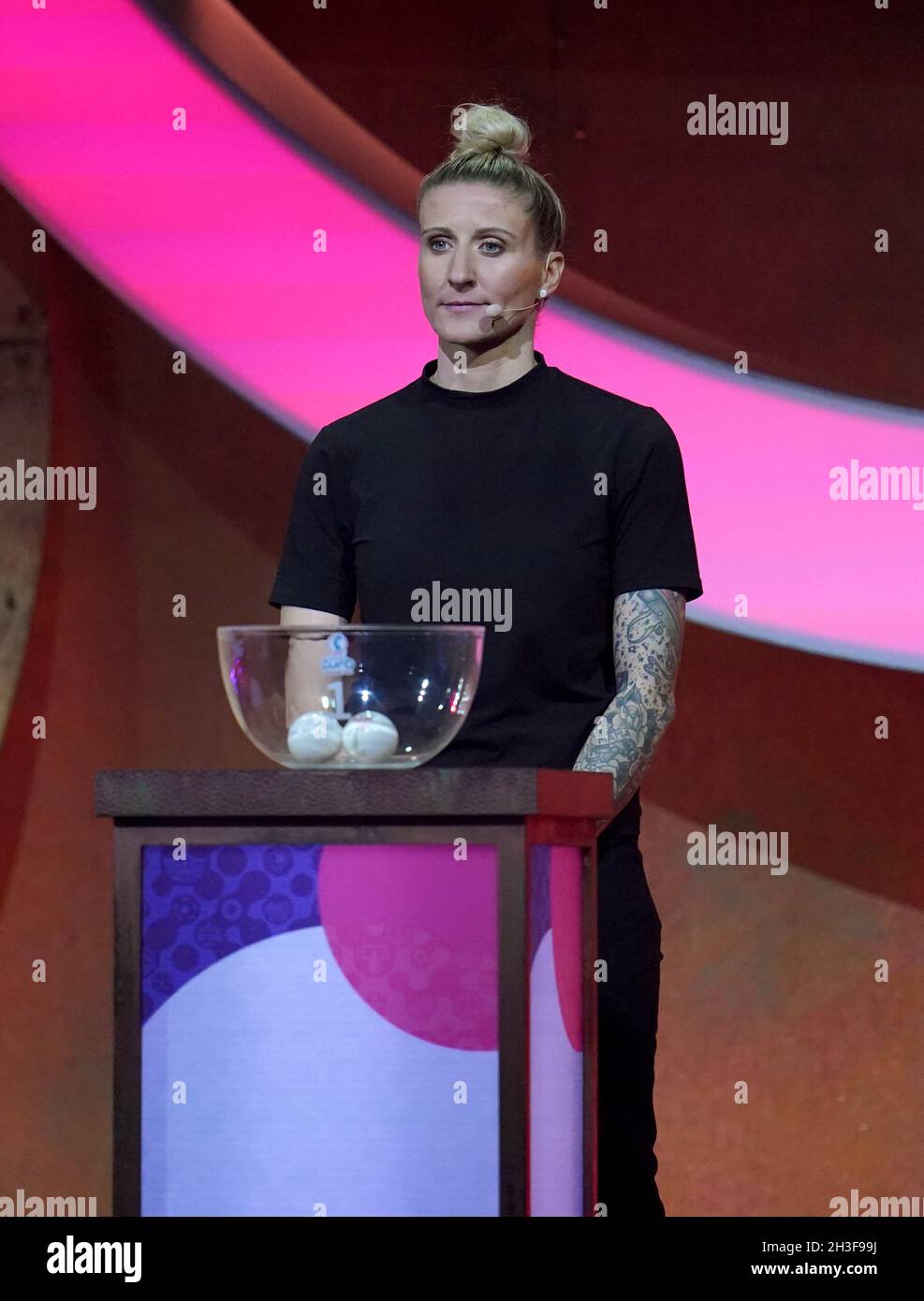 RB Leipzig player-coach Anja Mittag during the UEFA Women's Euro 2022 draw at O2 Victoria Warehouse, Manchester. Picture date: Thursday October 28, 2021. Stock Photo