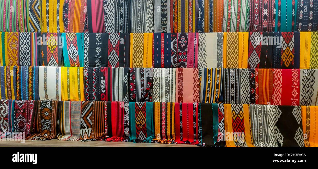 View of Lombok woven cloth is a traditional handmade cloth from the Sasak tribe in Sade village. Lombok, Indonesia, October 29, 2021 Stock Photo