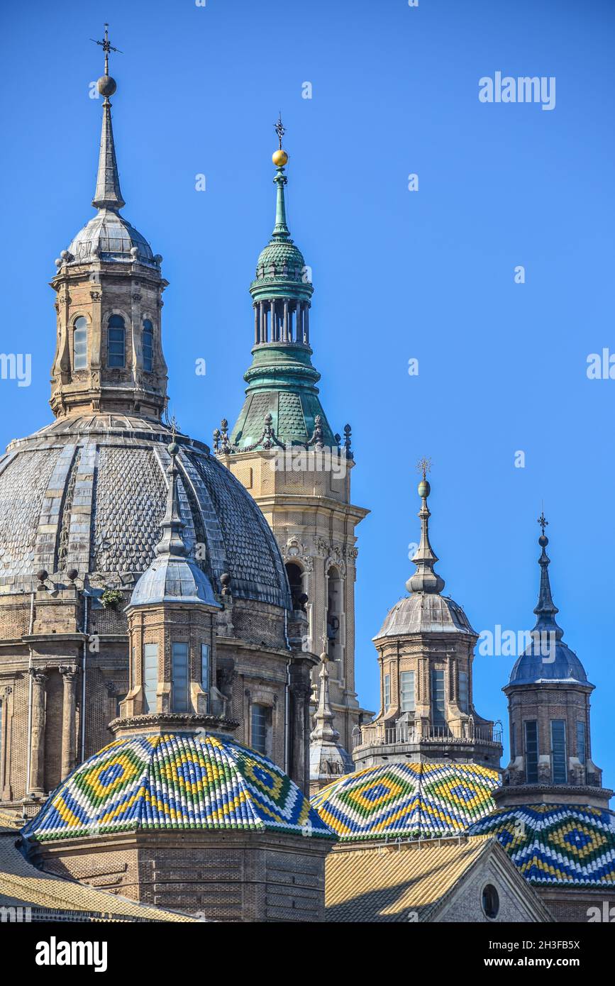 Zaragoza, Spain - 23 Oct, 2021: Roof details on the Cathedral Basilica of Our Lady of the Pillar, Basilica de Nuestra Senora del Pilar, in Zaragoza, A Stock Photo