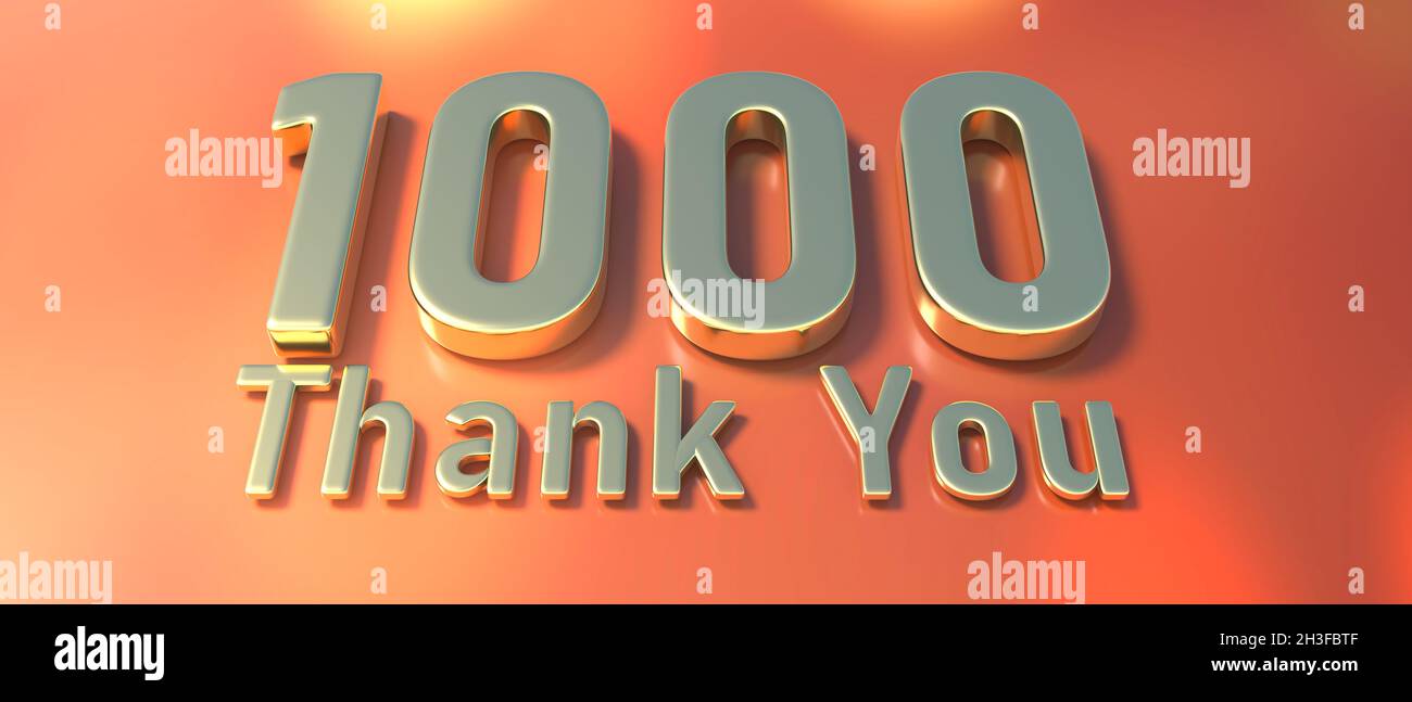 1000 followers celebration. Thank you one thousand gold text on orange background. Thanks card for network friends and subscribers. Social media grati Stock Photo