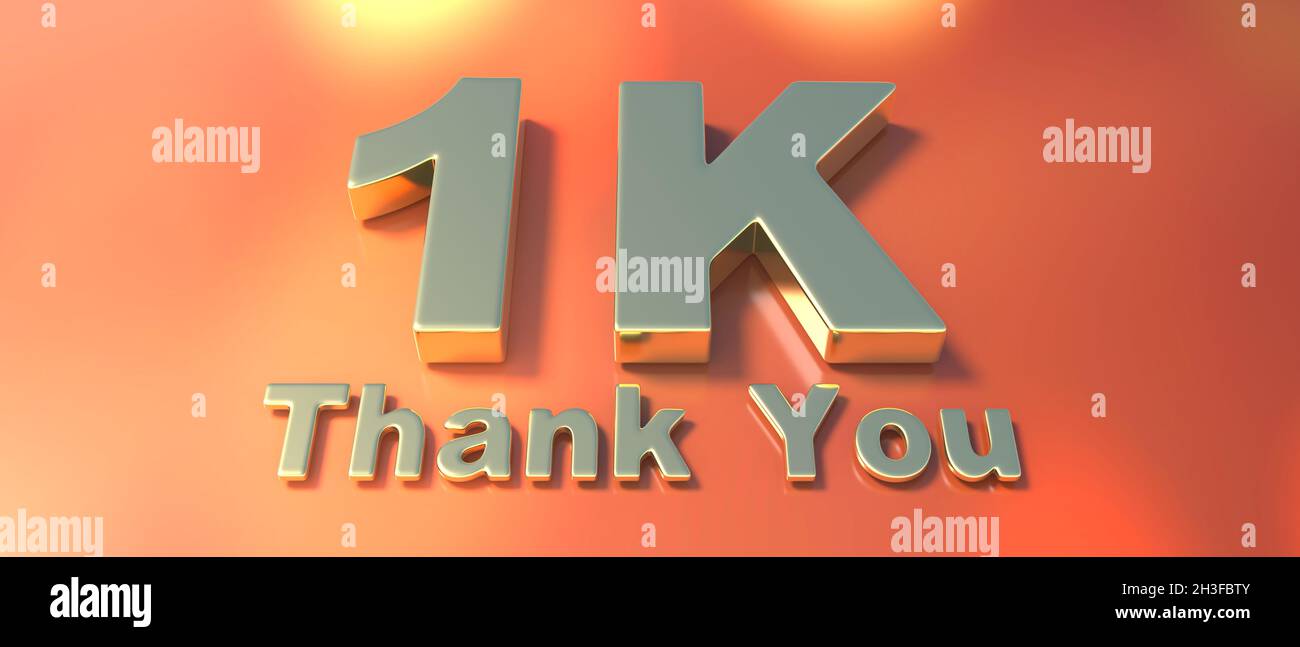 1k followers celebration. Thank you one thousand golden text on orange color background. Thanks card for network friends and subscribers. Social media Stock Photo