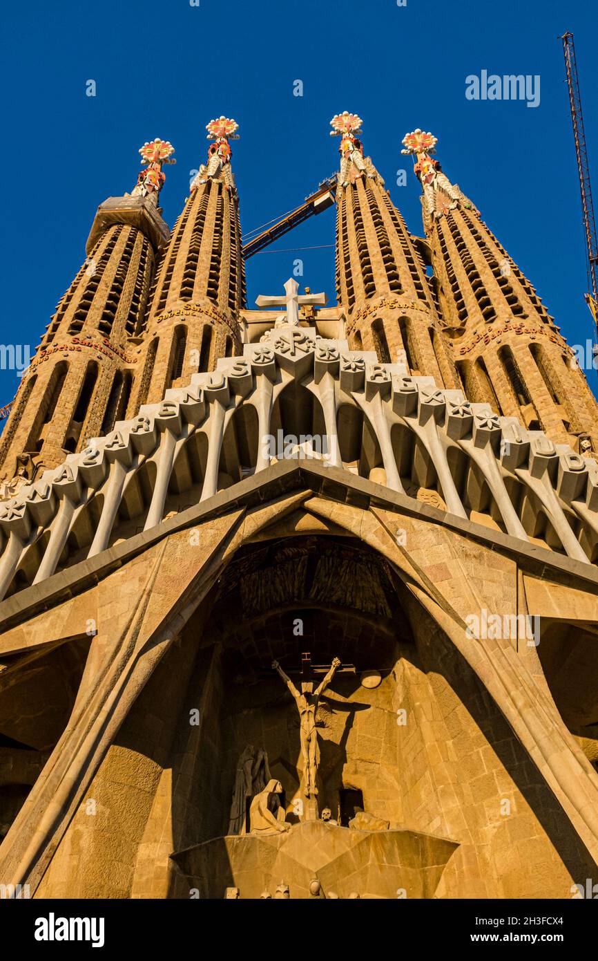 Facade of the Passion of the Expiatory Temple of the Sagrada Familia, designed by Antoni Gaudi in the city of Barcelona, Catalonia, Spain Stock Photo