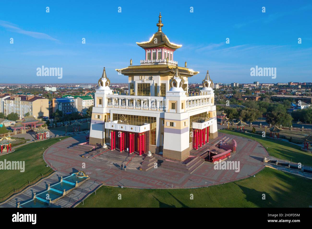 ELISTA, RUSSIA - SEPTEMBER 21, 2021: Buddhist Temple 'Golden Monastery of Buddha Shakyamuni' close-up sunny day (aerial survey) Stock Photo